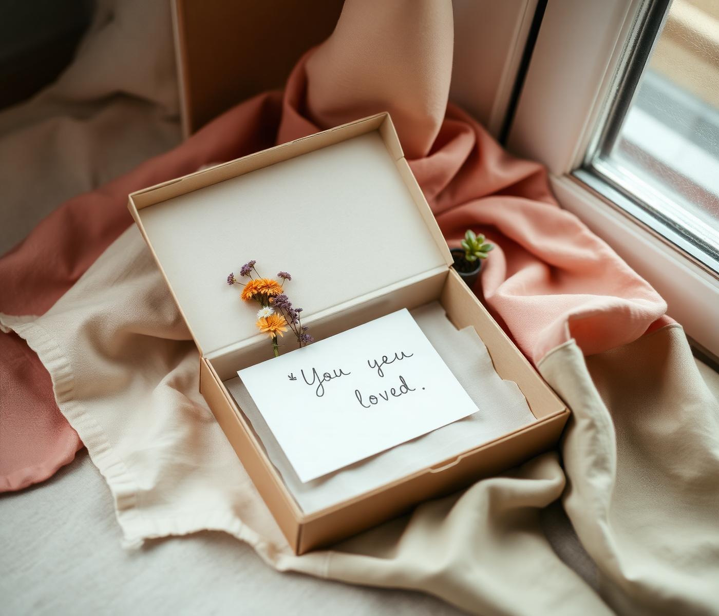 An open Always in Bloom box with pressed flowers, a keepsake note, and a small potted seedling
